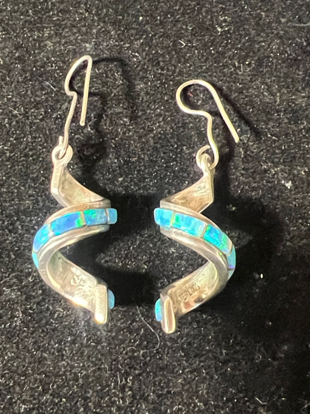 Vintage Signed Sterling Silver Opal Inlay Ribbon Earrings